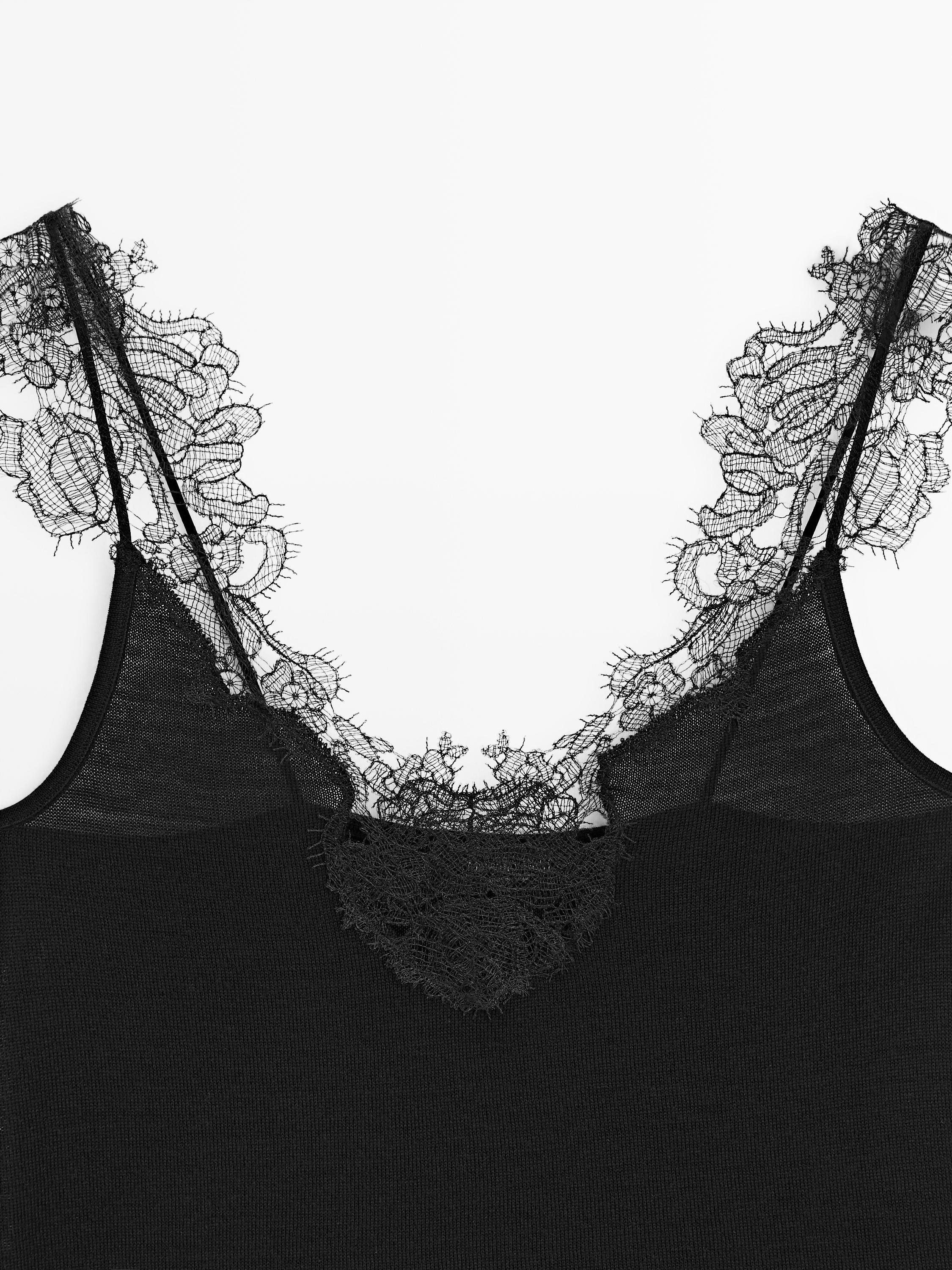 Strappy knit top with lace trim detail